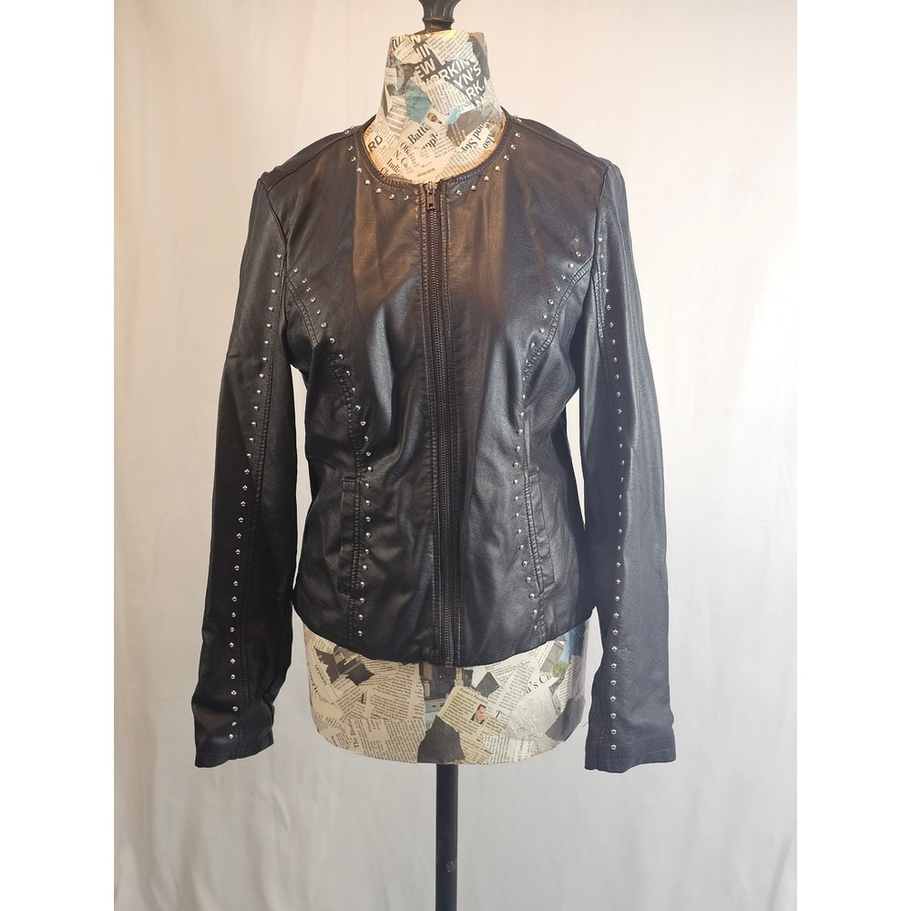 Women's Roz & Ali Faux Leather Collarless ZipUp Jacket‎ with Embellishments Sz S